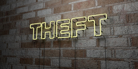 THEFT - Glowing Neon Sign on stonework wall - 3D rendered royalty free stock illustration.  Can be used for online banner ads and direct mailers..