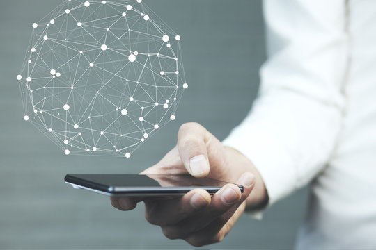 Businessman on blurred background using circle igital data netwo