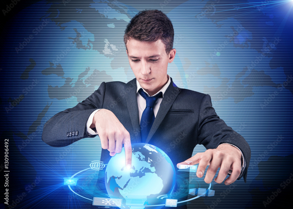 Poster businessman pressing buttons in computing concept