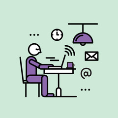 Public Hot-spot Zone Wireless Internet Wi-Fi Free. Connection and Interacting. Man in a cafe using Wi-Fi Vector Icon Style Illustration. Personal Devices and Wi-Fi.