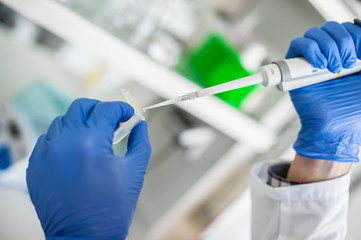 Scientific laboratory technician pipetting. Macro shot