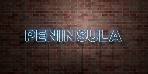 PENINSULA - fluorescent Neon tube Sign on brickwork - Front view - 3D rendered royalty free stock picture. Can be used for online banner ads and direct mailers..