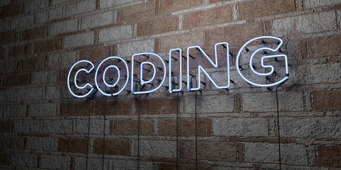 CODING - Glowing Neon Sign on stonework wall - 3D rendered royalty free stock illustration.  Can be used for online banner ads and direct mailers..