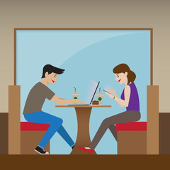 Men and women are addicted to media in restaurant, vector illustration
