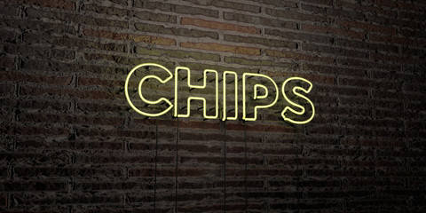 CHIPS -Realistic Neon Sign on Brick Wall background - 3D rendered royalty free stock image. Can be used for online banner ads and direct mailers..