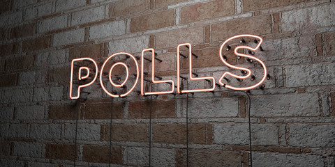 POLLS - Glowing Neon Sign on stonework wall - 3D rendered royalty free stock illustration.  Can be used for online banner ads and direct mailers..
