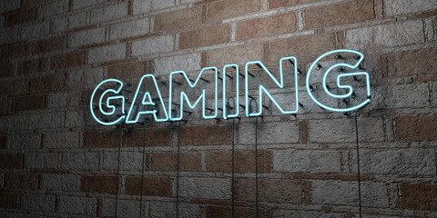 GAMING - Glowing Neon Sign on stonework wall - 3D rendered royalty free stock illustration.  Can be used for online banner ads and direct mailers..