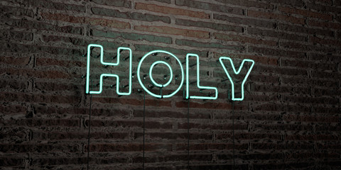 HOLY -Realistic Neon Sign on Brick Wall background - 3D rendered royalty free stock image. Can be used for online banner ads and direct mailers..