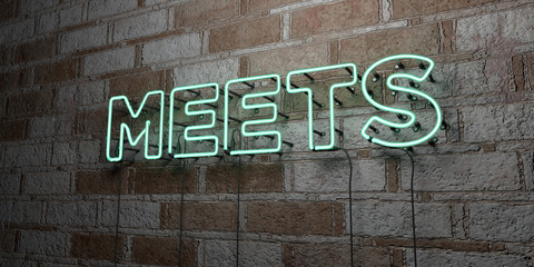 MEETS - Glowing Neon Sign on stonework wall - 3D rendered royalty free stock illustration.  Can be used for online banner ads and direct mailers..
