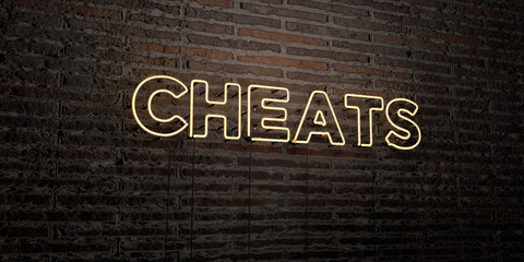 CHEATS -Realistic Neon Sign on Brick Wall background - 3D rendered royalty free stock image. Can be used for online banner ads and direct mailers..