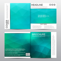 Square brochure template. Green triangle backdrop. Abstract vector background.