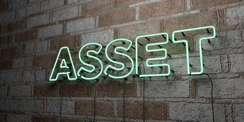 ASSET - Glowing Neon Sign on stonework wall - 3D rendered royalty free stock illustration.  Can be used for online banner ads and direct mailers..