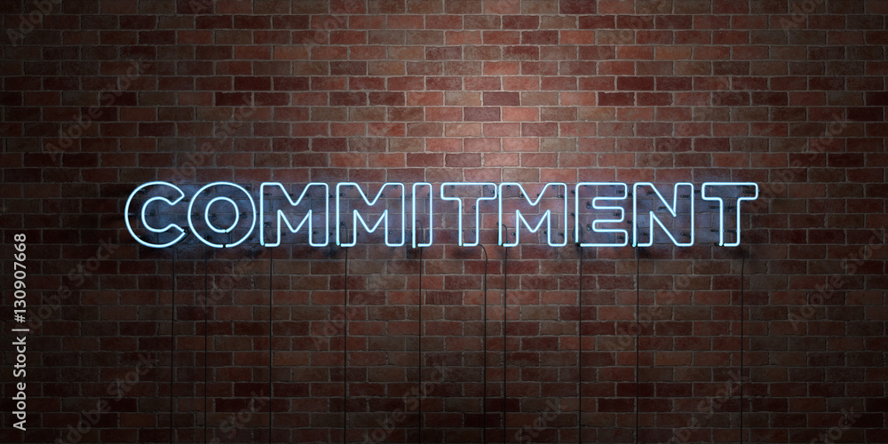 Wall mural commitment - fluorescent neon tube sign on brickwork - front view - 3d rendered royalty free stock p