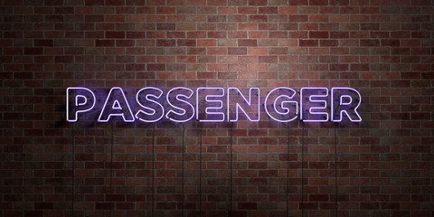 PASSENGER - fluorescent Neon tube Sign on brickwork - Front view - 3D rendered royalty free stock picture. Can be used for online banner ads and direct mailers..