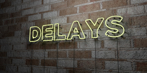 DELAYS - Glowing Neon Sign on stonework wall - 3D rendered royalty free stock illustration.  Can be used for online banner ads and direct mailers..