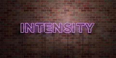 INTENSITY - fluorescent Neon tube Sign on brickwork - Front view - 3D rendered royalty free stock picture. Can be used for online banner ads and direct mailers..