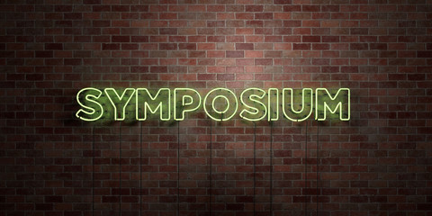 SYMPOSIUM - fluorescent Neon tube Sign on brickwork - Front view - 3D rendered royalty free stock picture. Can be used for online banner ads and direct mailers..