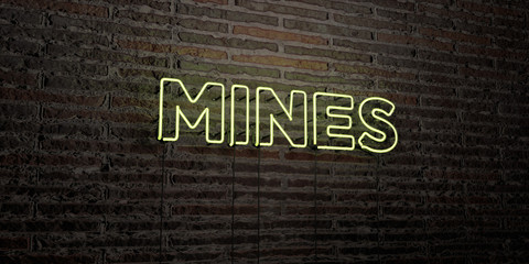 MINES -Realistic Neon Sign on Brick Wall background - 3D rendered royalty free stock image. Can be used for online banner ads and direct mailers..