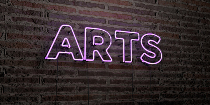 ARTS -Realistic Neon Sign on Brick Wall background - 3D rendered royalty free stock image. Can be used for online banner ads and direct mailers..