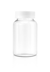 Blank clear glass supplement bottle isolated on white background