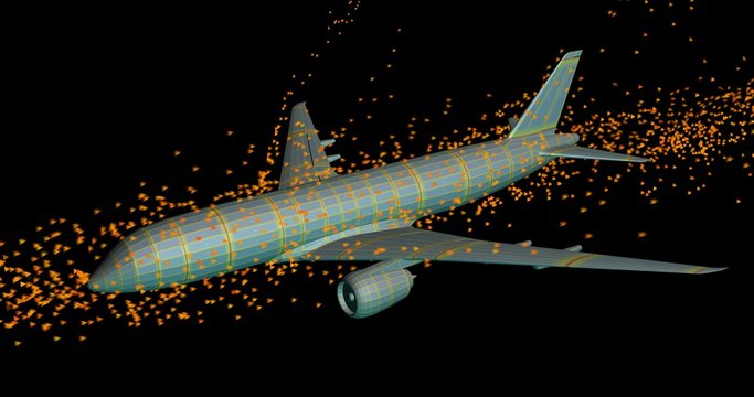 Particles following air flow around airplane body. 3d render