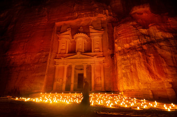 Al Khazneh - the treasury, ancient city of Petra by night, Jorda