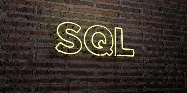 SQL -Realistic Neon Sign on Brick Wall background - 3D rendered royalty free stock image. Can be used for online banner ads and direct mailers..