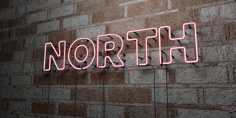 NORTH - Glowing Neon Sign on stonework wall - 3D rendered royalty free stock illustration.  Can be used for online banner ads and direct mailers..
