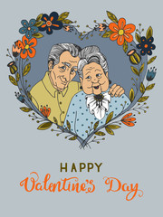 Hand-drawn greeting card for Valentine's Day with cartoon happy old couple together. Seniors couple in love. Vector illustration.