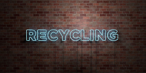 RECYCLING - fluorescent Neon tube Sign on brickwork - Front view - 3D rendered royalty free stock picture. Can be used for online banner ads and direct mailers..