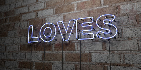 LOVES - Glowing Neon Sign on stonework wall - 3D rendered royalty free stock illustration.  Can be used for online banner ads and direct mailers..