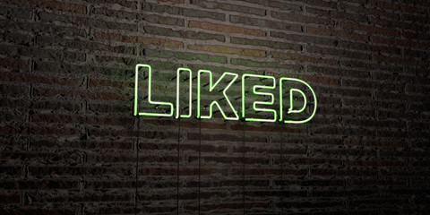 LIKED -Realistic Neon Sign on Brick Wall background - 3D rendered royalty free stock image. Can be used for online banner ads and direct mailers..