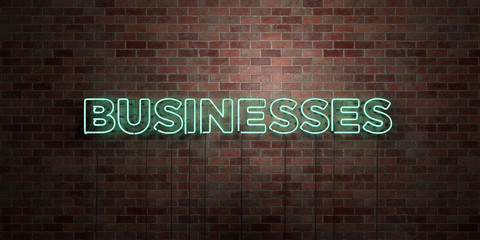 BUSINESSES - fluorescent Neon tube Sign on brickwork - Front view - 3D rendered royalty free stock picture. Can be used for online banner ads and direct mailers..