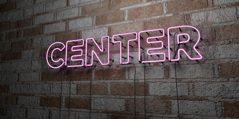 CENTER - Glowing Neon Sign on stonework wall - 3D rendered royalty free stock illustration.  Can be used for online banner ads and direct mailers..
