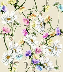 Obrazy  Akwarela mak, chaber, stokrotka dzikich kwiatów w tle