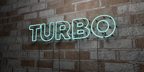 TURBO - Glowing Neon Sign on stonework wall - 3D rendered royalty free stock illustration.  Can be used for online banner ads and direct mailers..