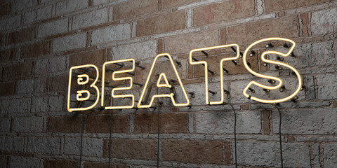 BEATS - Glowing Neon Sign on stonework wall - 3D rendered royalty free stock illustration.  Can be used for online banner ads and direct mailers..