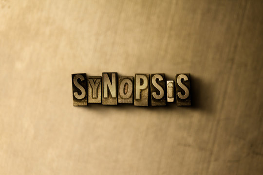 SYNOPSIS - close-up of grungy vintage typeset word on metal backdrop. Royalty free stock - 3D rendered stock image.  Can be used for online banner ads and direct mail.