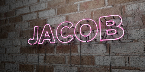 JACOB - Glowing Neon Sign on stonework wall - 3D rendered royalty free stock illustration.  Can be used for online banner ads and direct mailers..
