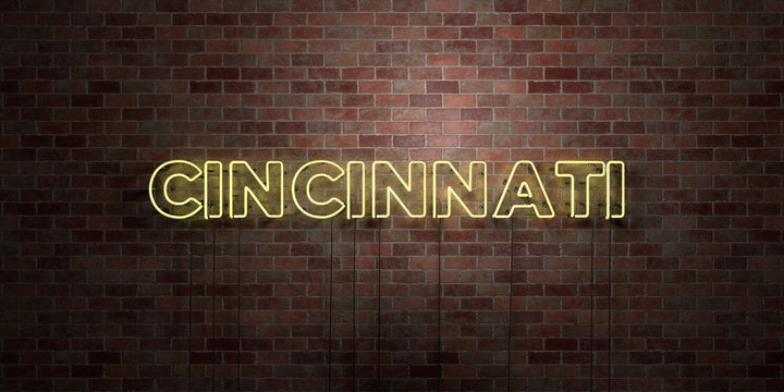 CINCINNATI - fluorescent Neon tube Sign on brickwork - Front view - 3D rendered royalty free stock picture. Can be used for online banner ads and direct mailers..