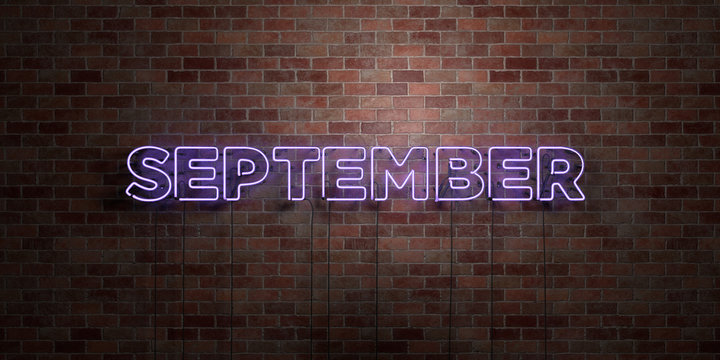 SEPTEMBER - fluorescent Neon tube Sign on brickwork - Front view - 3D rendered royalty free stock picture. Can be used for online banner ads and direct mailers..