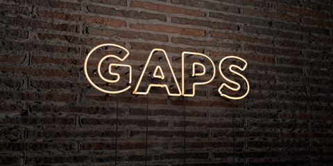 GAPS -Realistic Neon Sign on Brick Wall background - 3D rendered royalty free stock image. Can be used for online banner ads and direct mailers..