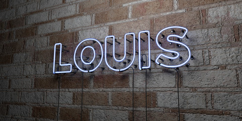 LOUIS - Glowing Neon Sign on stonework wall - 3D rendered royalty free stock illustration.  Can be used for online banner ads and direct mailers..