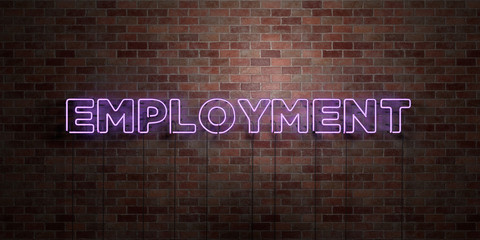 EMPLOYMENT - fluorescent Neon tube Sign on brickwork - Front view - 3D rendered royalty free stock picture. Can be used for online banner ads and direct mailers..