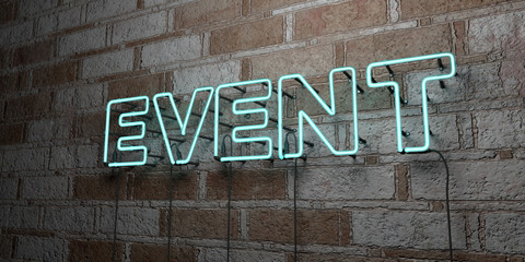 EVENT - Glowing Neon Sign on stonework wall - 3D rendered royalty free stock illustration.  Can be used for online banner ads and direct mailers..