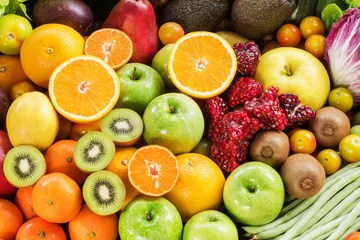 Fotobehang Arrangement ripe fruits and vegetables for eating healthy © peangdao