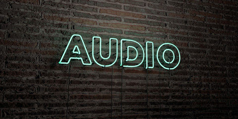 AUDIO -Realistic Neon Sign on Brick Wall background - 3D rendered royalty free stock image. Can be used for online banner ads and direct mailers.. - obrazy, fototapety, plakaty