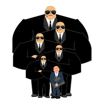 Businessman with bodyguards. VIP protection. Black suit and hand