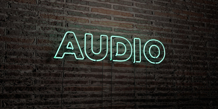 AUDIO -Realistic Neon Sign on Brick Wall background - 3D rendered royalty free stock image. Can be used for online banner ads and direct mailers..