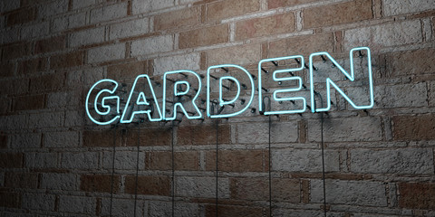 GARDEN - Glowing Neon Sign on stonework wall - 3D rendered royalty free stock illustration.  Can be used for online banner ads and direct mailers..